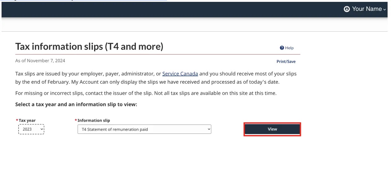 CRA tax slip view screen